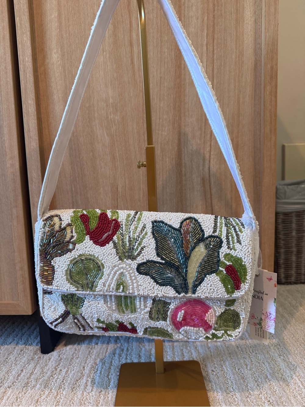 NWT~ Viral Beaded Floral Embroidered Shoulder Bag in White and Green